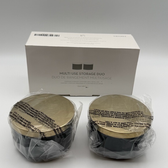 Z Gallerie Multi Use Storage Duo Set of 2 Ceramic Canisters Gold Metal Lids - Picture 3 of 14